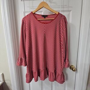 N Touch Women's Red and White Striped Ruffle Hem Long Sleeve Top, Size XL